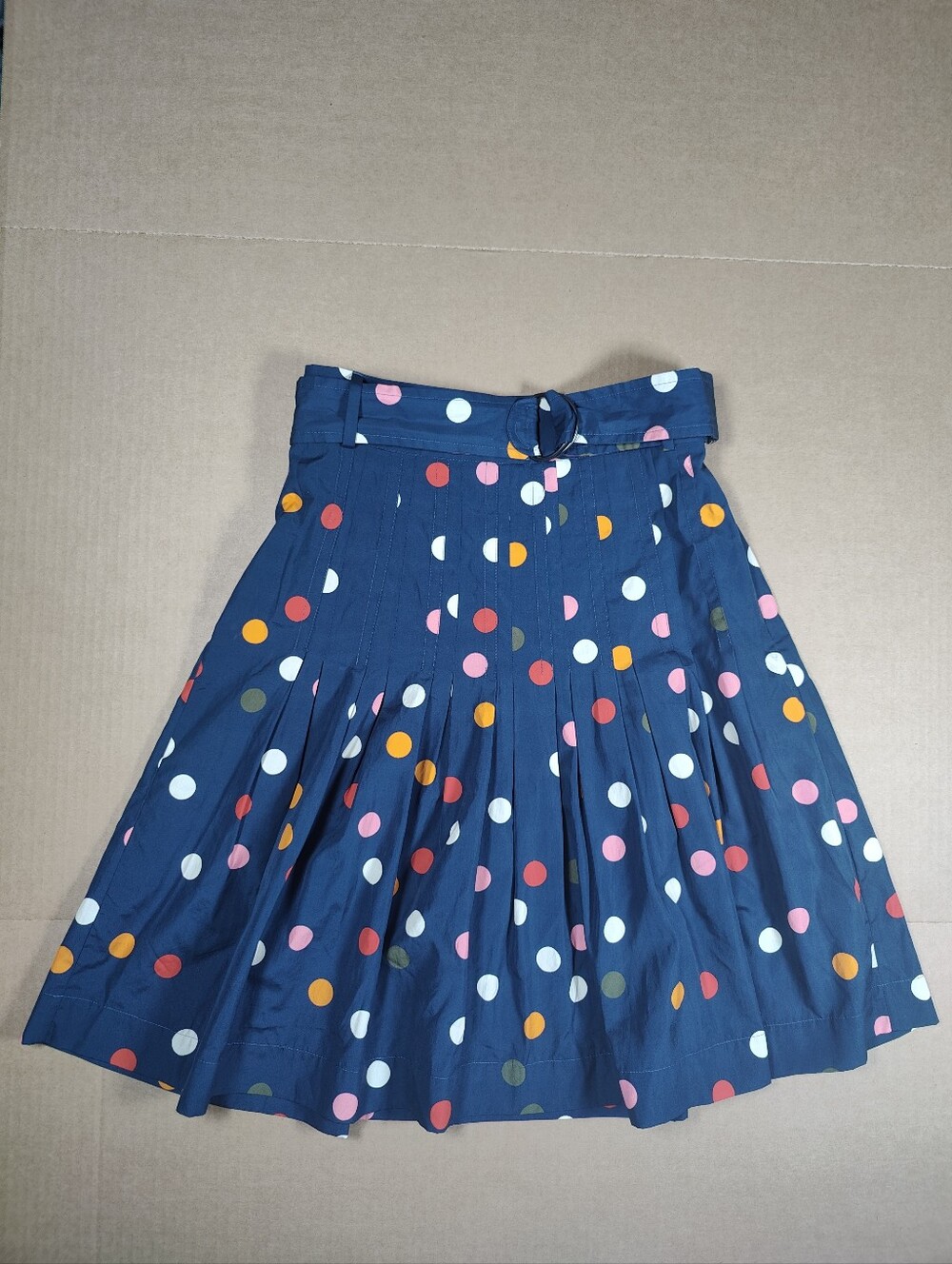 Akris Punto Navy Polka Dot Pleated Cotton Poplin Belted Skirt Size 6